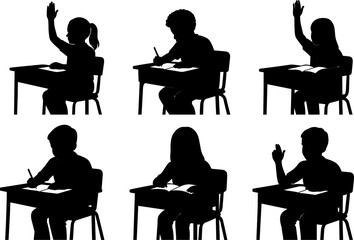 Children silhouettes in a classroom, some raising hands, others writing, in different poses and interactions with their desks.