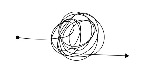 Messy lines. Complicated scribble path, messy tangle, doodle knot as thought from complex to easy solution. Confused brain problems. Labyrinth and chaos vector concepts vector illustration in eps 10.