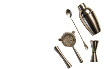 Stainless steel cocktail shaker set with bar tools isolated on white background, clean layout for mixology or bartending concept. Ai generative