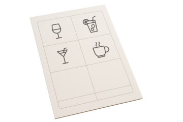 Minimalist drink icon menu card featuring beverage line symbols including wine, cocktail, juice, and coffee on white background. Ai generative
