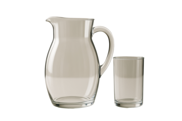 Transparent glass jug and tumbler standing together, isolated style on white background, concept of minimal design and clean kitchen element. Ai generative