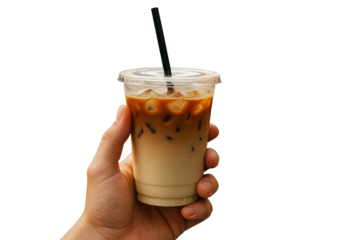 Iced coffee in plastic cup with black straw held by hand, isolated style on white background, concept of takeaway beverage and refreshment. Ai generative