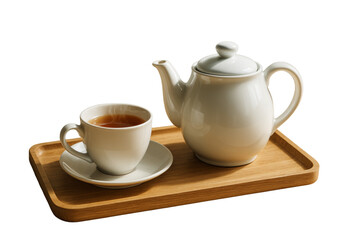 Ceramic teapot and teacup with tea on wooden tray, isolated style on white background, concept of tea time or elegant beverage element. Ai generative