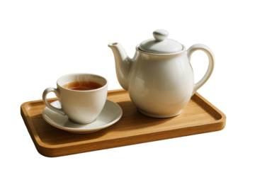 Ceramic teapot and teacup with tea on wooden tray, isolated style on white background, concept of tea time or elegant beverage element. Ai generative