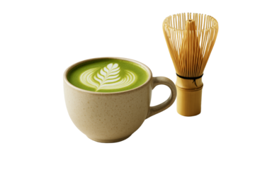 Ceramic cup of matcha latte with leaf art and bamboo whisk, isolated, closeup style on white background, concept of traditional tea preparation. Ai generative