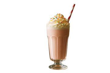 Strawberry milkshake with whipped cream and sprinkles in a clear glass with red striped straw, isolated on white background, dessert concept. Ai generative.
