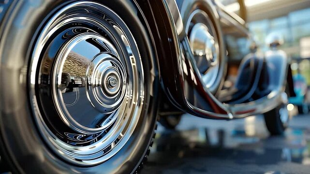 Close up of a vintage car wheel and tire.