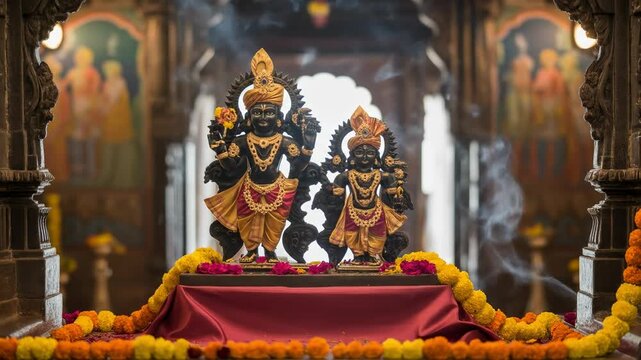 Krishna and Radha Deities in a Temple Setting Spiritual and Cultural Celebration Image for Janmashtami Radhashtami Lathmar Holi Jhulan Yatra Raas Leela Sharad Purnima Govardhan Puja