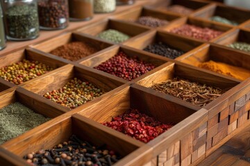 Colorful spices and herbs are neatly arranged in a wooden box, creating a visually appealing display