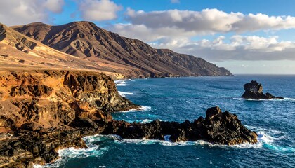 Rugged coastal cliffs meet the deep blue sea under a partly cloudy sky, with mountains in the background