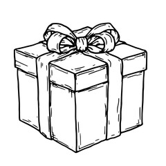Gift box with a bow, black and white sketch. Vector illustration. Festive packaging, insulated on a white background. Birthday, Christmas, New Year and holidays theme