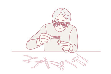 Jeweler in glasses working with rings and diamonds. Old man work with gems for jewelry at workplace. Vector illustration.