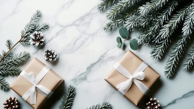 Minimal Christmas flat lay with frosted pine branches, pinecones and elegant gift boxes on marble surface with smooth camera movement