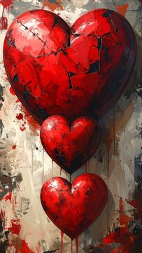 Three vibrant hearts painted on a textured backdrop