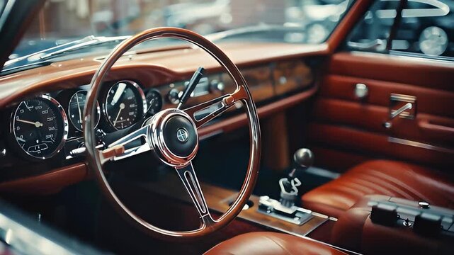 Vintage Car Interior Steering Wheel and Dashboard Close Up.