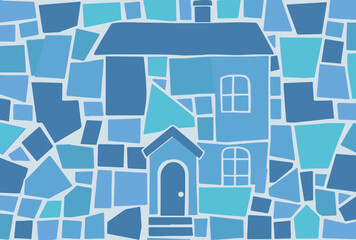 An abstract geometric illustration in blue tones featuring a house silhouette against a background of geometric shapes, creating a modern mosaic style.