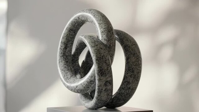 Abstract Grey Interlocking Rings Sculpture on Gray Pedestal against a Light Background with Shadow Play