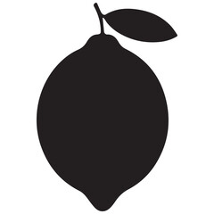 Simple black silhouette of a ripe lemon with a stem and leaf