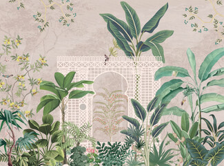 Mughal Garden Illustration, Mughal Wedding Mural, Mughal Arch, Watercolor Background. © Sharif