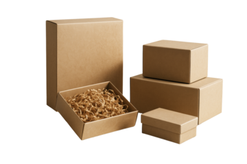 Brown cardboard boxes with shredded paper filler isolated on white background, clean minimal layout for packaging or branding design. Ai generative