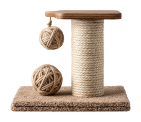 Playful cat scratching post with balls home pet furniture isolated on transparent background