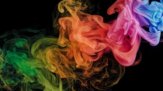 Vibrant, swirling wisps of colored smoke against a black background. A visual abstract art piece