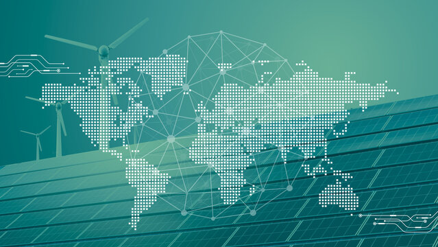 Worldwide Solar Panels, Global Wind Turbine. Clean Energy. Green Energy Technology for Future.