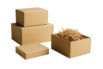 Brown cardboard gift boxes with shredded paper filler, isolated on white background, clean packaging layout concept. Ai generative