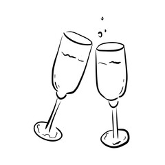 Two champagne glasses clinking in whimsical quick sketch vector line art. Romantic hand-drawn illustration. Symbol of celebration and love. Perfect for weddings, invitations, menus, and festive decor