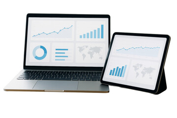 Laptop and tablet showing blue business graphs and charts, isolated style on clean white background. Concept of data analysis and marketing. Ai generative