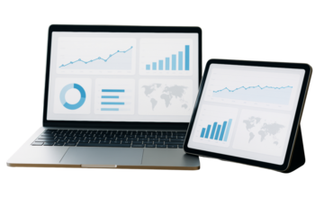 Laptop and tablet showing blue business graphs and charts, isolated style on clean white background. Concept of data analysis and marketing. Ai generative