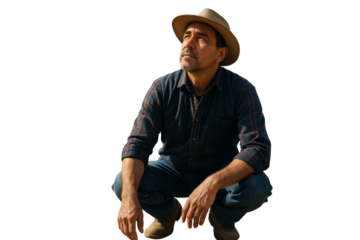 Man squatting and looking up in casual shirt, jeans, and hat, isolated on white background, clean cutout for design environment. Ai generative