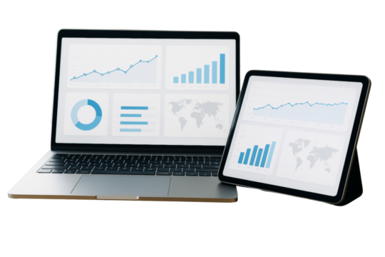 Laptop and tablet showing blue business graphs and charts, isolated style on clean white background. Concept of data analysis and marketing. Ai generative