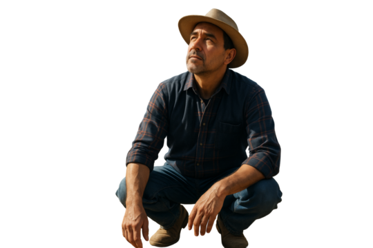 Man squatting and looking up in casual shirt, jeans, and hat, isolated on white background, clean cutout for design environment. Ai generative