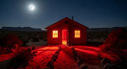 Luminous Night Cabin Under Moonlight.