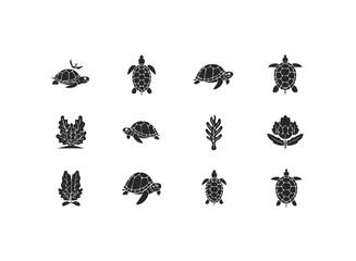 Collection of Stylized Turtle and Plant Icons.