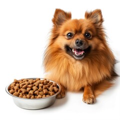 Obraz premium Happy pomeranian dog lying near a bowl full of dry food, isolated on white background