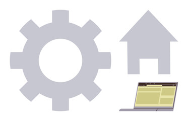 Large gear, house, and laptop with a web interface symbolizing technology, home system, and remote work integration. Ideal for home automation, workflow, innovation, online tools productivity