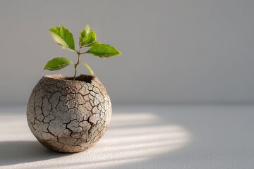 Small green plant growing in a textured, cracked pot on a light background with soft shadows during daylight hours