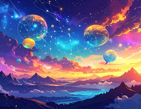 Surreal landscape with floating orbs connected by lines against a vibrant sunset sky over mountains and a river