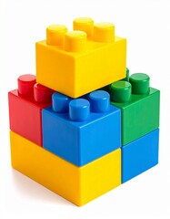 Obraz premium Close-up of Colorful Plastic Building Blocks on a White Background, Education and STEM Concept