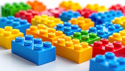 Fototapeta premium Close-up of Colorful Plastic Building Blocks on a White Background, Education and STEM Concept