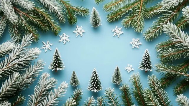 Snow-covered fir branches and miniature Christmas trees with white snowflakes on blue background, top view, smooth camera zoom out
