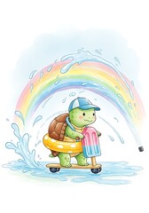 Turtle on Scooter with Rainbow and Popsicle.