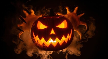 Fototapeta premium A carved halloween pumpkin with a scary face glowing orange, surrounded by smoke and dark background