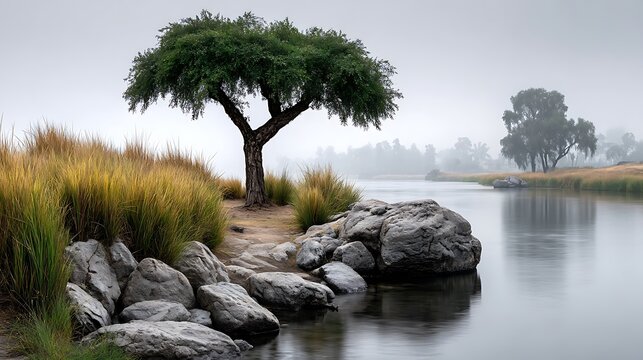 A foggy morning by a lake with barely visible distant tree silhouettes.