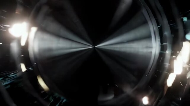 A shiny metallic concentric circle in a dark space, with radial lines and small points of light