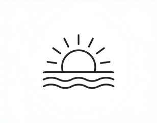 Simple, black, thin-line vector of the sun rising over the ocean, with wavy water and sun rays. Minimalistic design