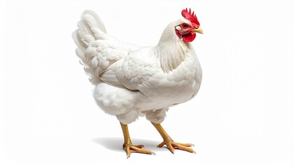 Describe a white chicken with red comb and wattles, yellow legs, and well-defined feathers, pecking at grains on a white background. Highlight its healthy appearance and relevance to poultry farming.