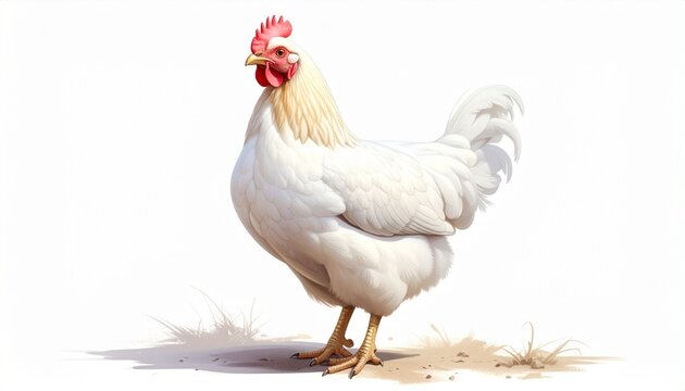 Describe a white chicken with red comb and wattles, yellow legs, and well-defined feathers, pecking at grains on a white background. Highlight its healthy appearance and relevance to poultry farming.